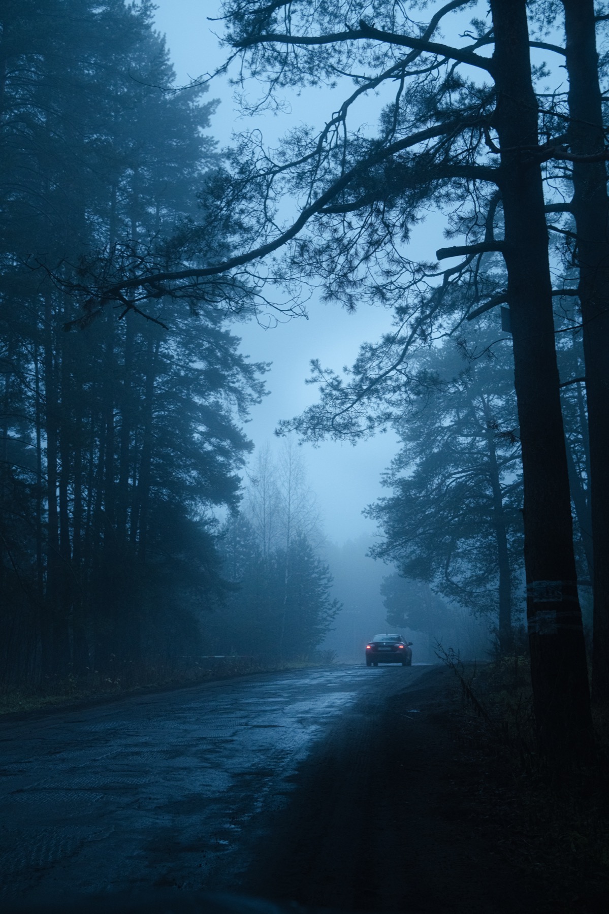 Blue road disappearing into fog